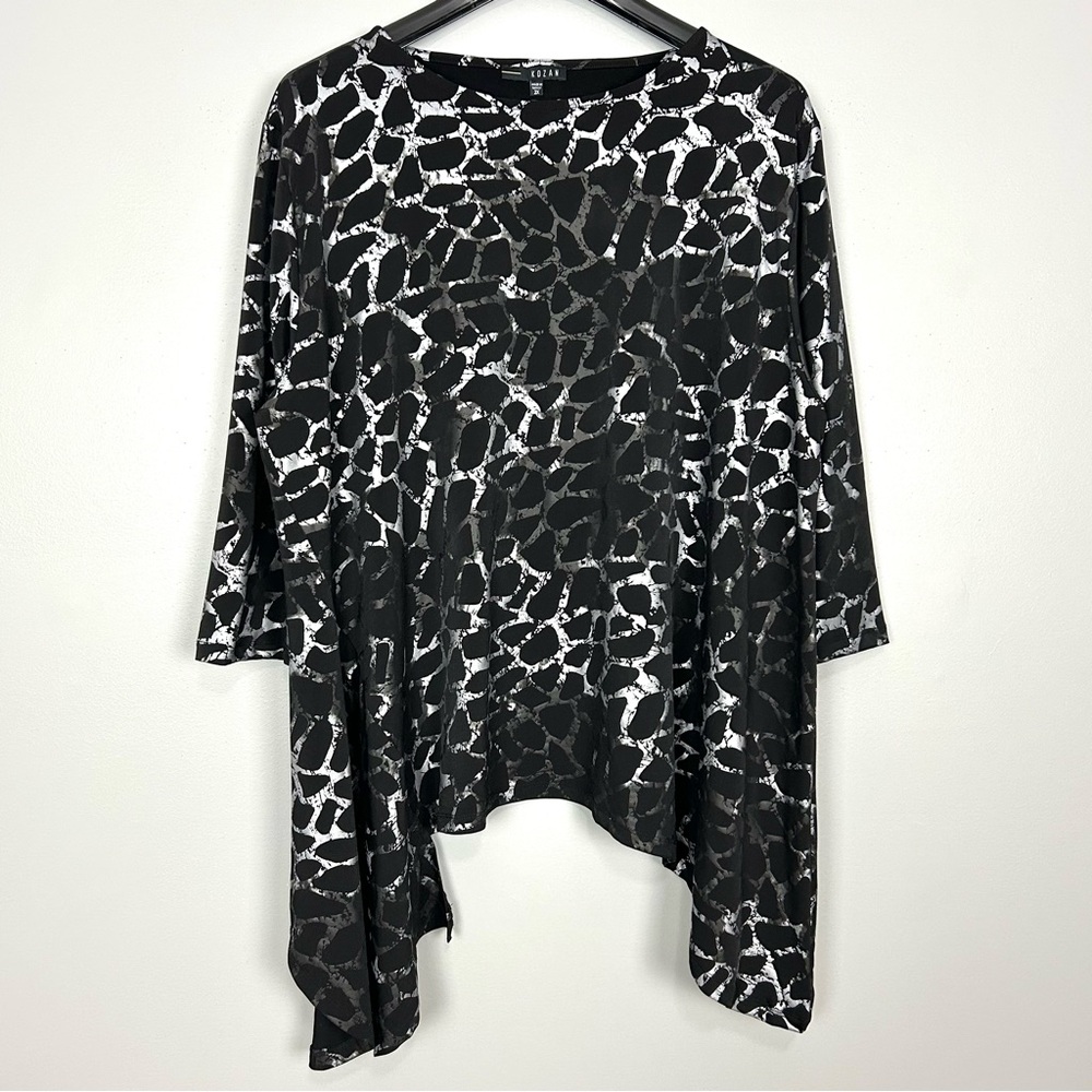 Kozan Delight Dre Tunic Top Women’s Size 2X Fluid Jersey Knit High Low Hem Art